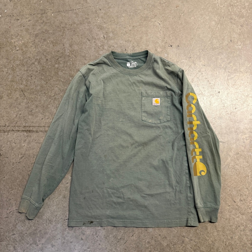 Carhartt Mens Loose Fit Long Sleeve Pocket T-Shirt Green Graphic Sleeve Small